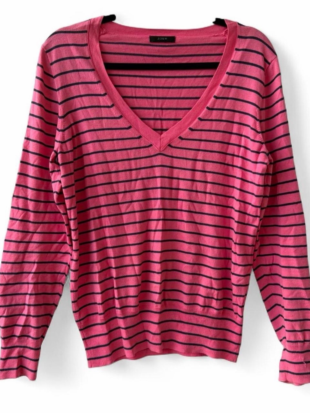J. Crew Hot Pink and Black Striped V-Neck Pullover